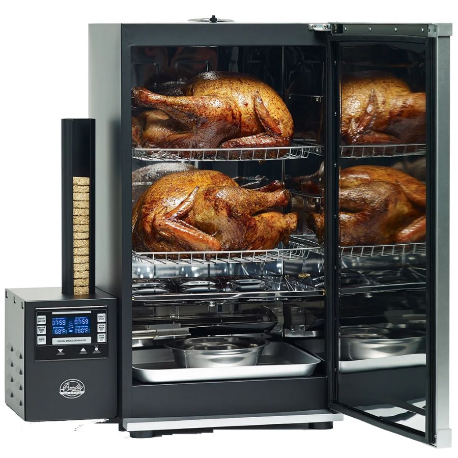Bradley Digital 4-Rack Electric Smoker loaded with four whole smoked turkeys