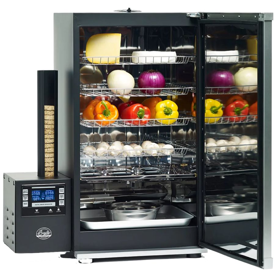 Bradley Digital 4-Rack Electric Smoker filled with vegetables and cheese for smoking