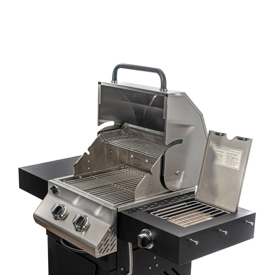 Jackson Grills Keystone Black 400 gas grill with stainless steel body, shown open to reveal cooking grates and warming rack.