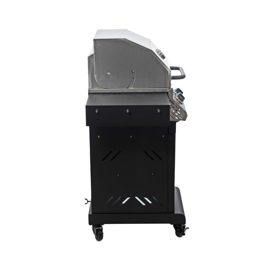 Side view of the Jackson Grills Keystone Black 400 gas grill with a built-in side burner and accessory hooks.