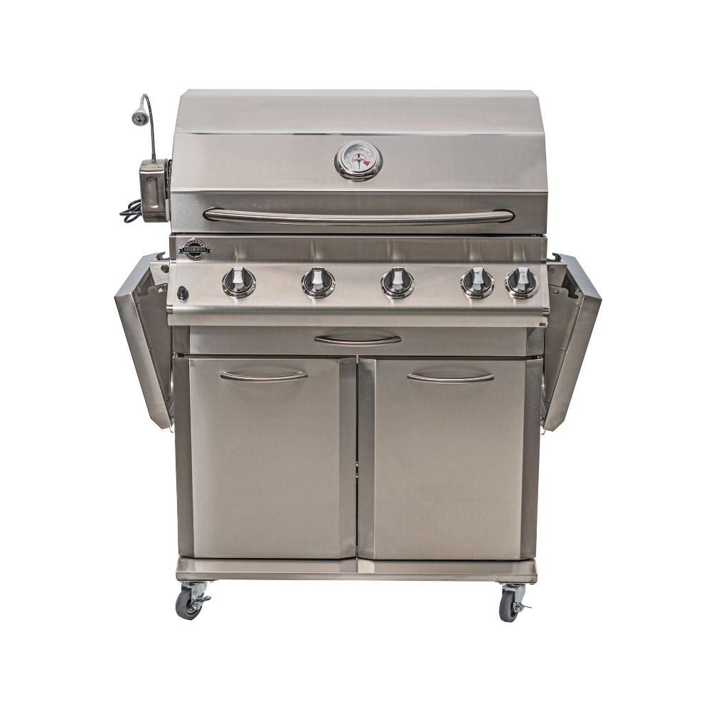 Jackson Grill Lux 700 propane grill with side shelves folded for compact storage.