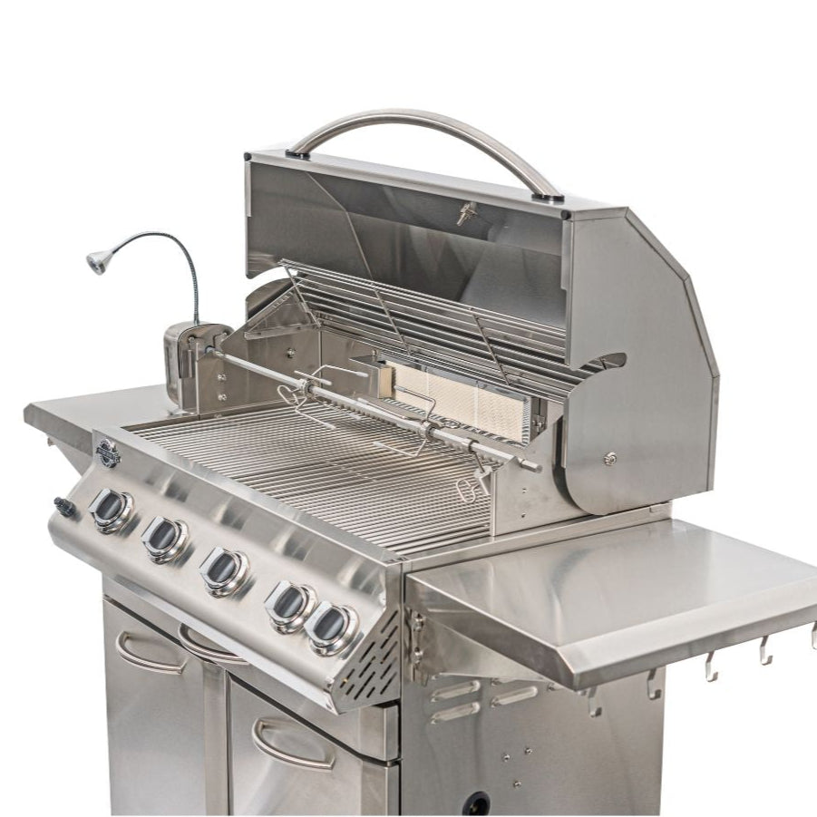 Open lid view of Jackson Grills Lux 700 showcasing grill grates and rotisserie setup.