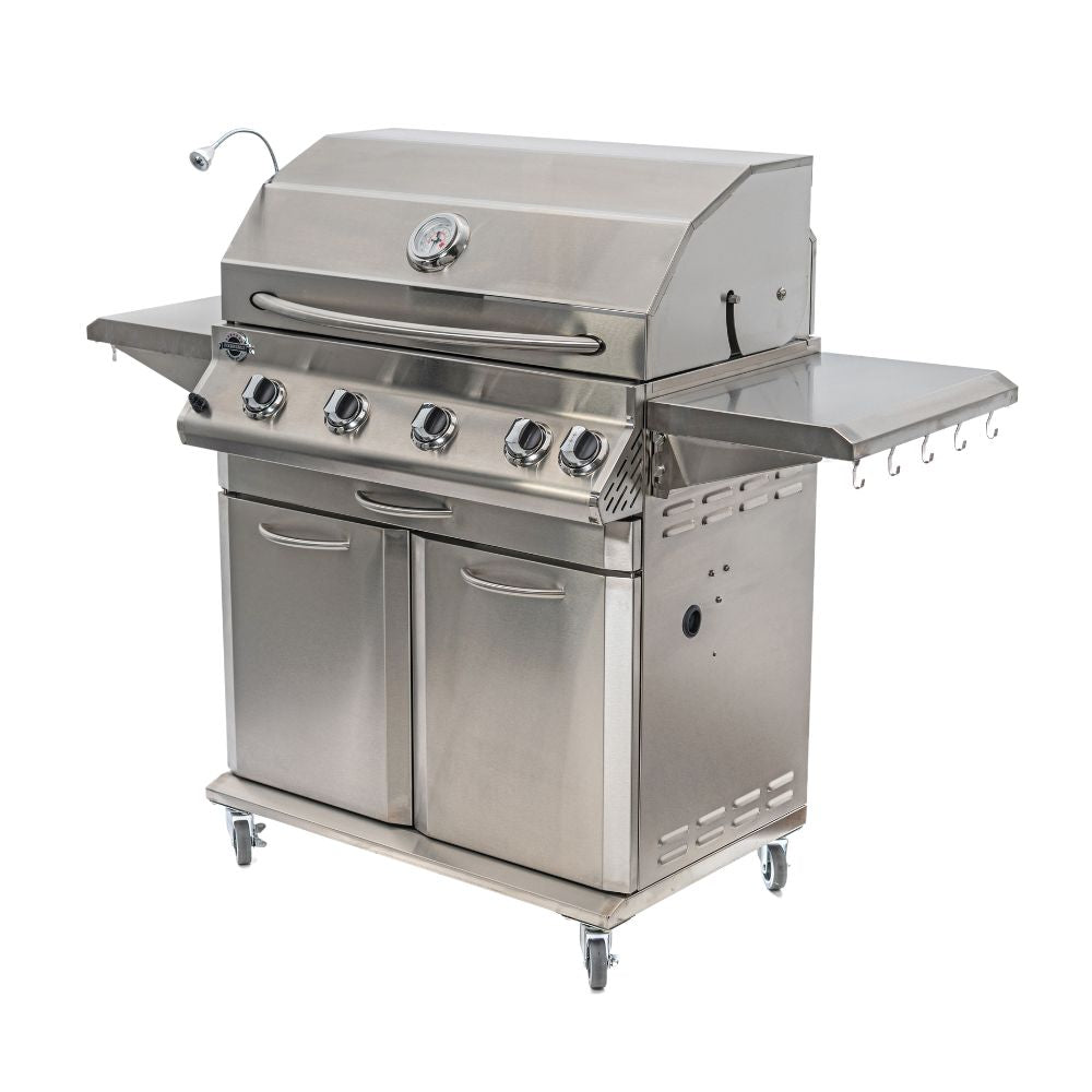 Angled view of Jackson Grills Lux 700 showcasing stainless steel finish and side shelf hooks.