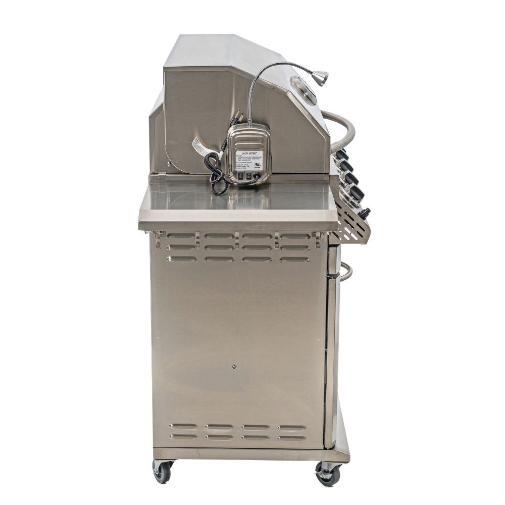 Side view of the Jackson Lux 700 grill showing propane connection and stainless steel side panel.