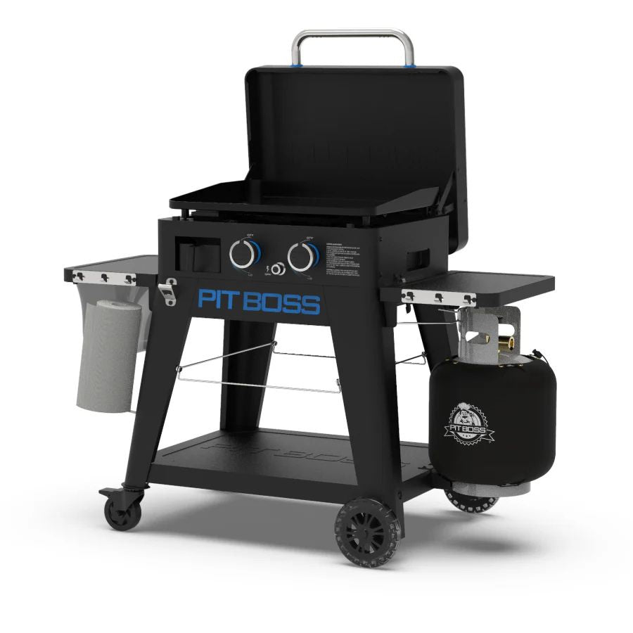 Pit Boss Ultimate Lift-Off Griddle with lid open and dual burner controls visible