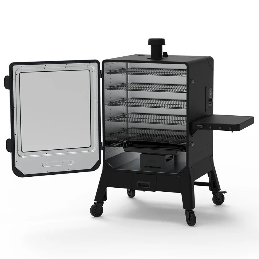 Angled view of the Pit Boss Navigator 6 Series Smoker with open door, showing six internal cooking racks.