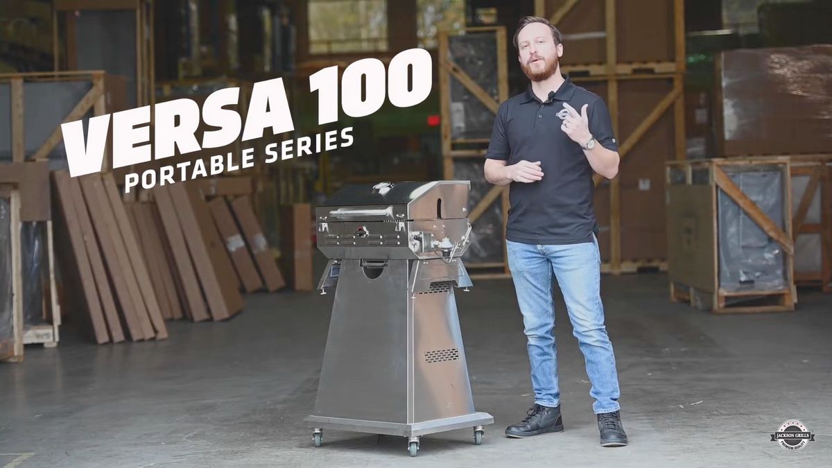 Jackson Grills Versa 100 portable grill showcase video highlighting its compact stainless steel design, high-performance burners, and versatile cooking options. Perfect for camping, tailgating, and small outdoor spaces while delivering premium grilling quality.