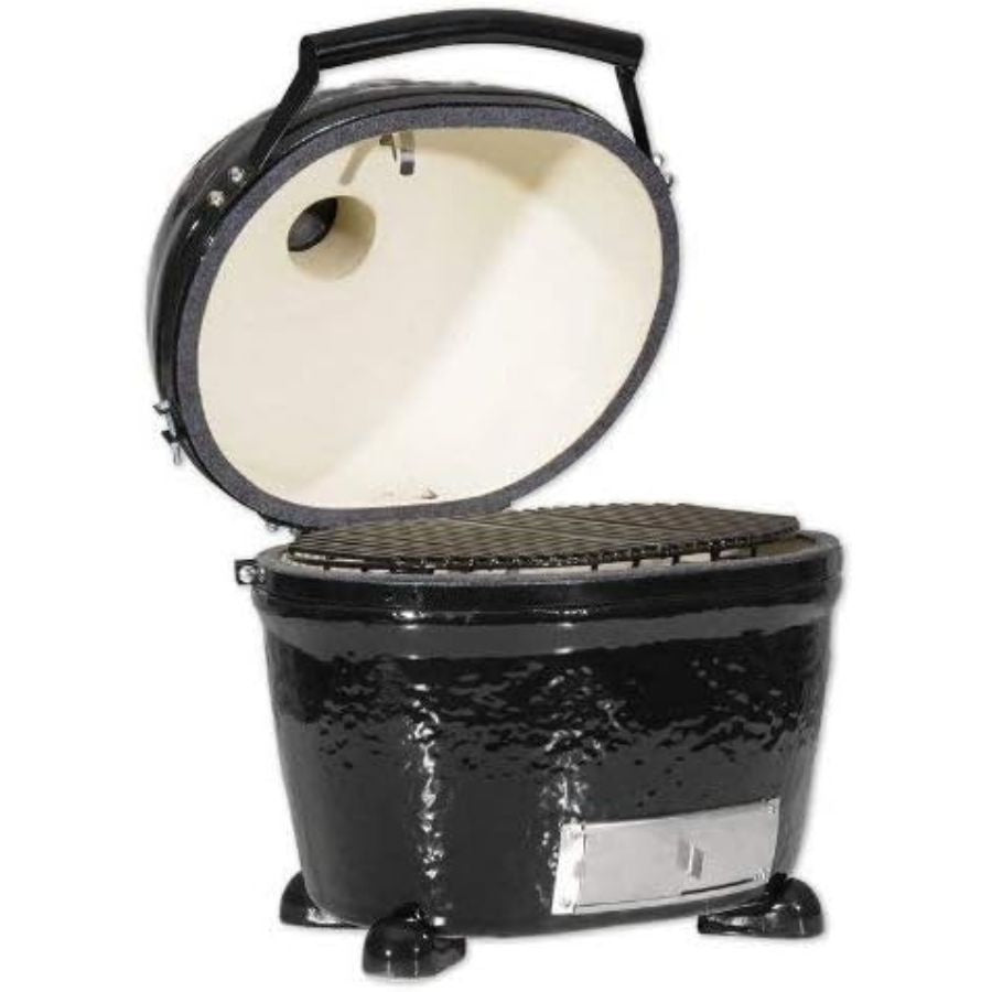 Primo Oval Junior Kamado Grill with lid open showing cooking grate