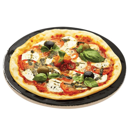 A top-down view of the Primo Ceramic Grills Glazed Ceramic 12" Pizza & Baking Stone on a white background, showing its circular shape