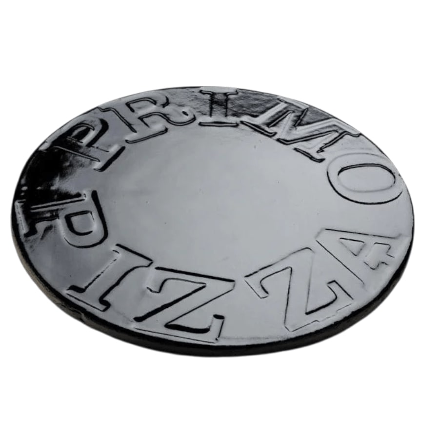 The Primo Ceramic Grills Glazed Ceramic 13" Pizza & Baking Stone on a white background, viewed from a slight angle