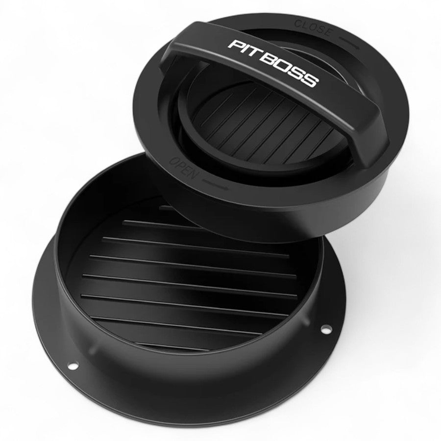 The Pit Boss 3-in-1 Burger Press separated into its two main parts, revealing the ribbed patty molds