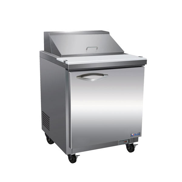 IKON ISP29 29-inch sandwich and salad refrigerated prep table with stainless steel door and caster wheels