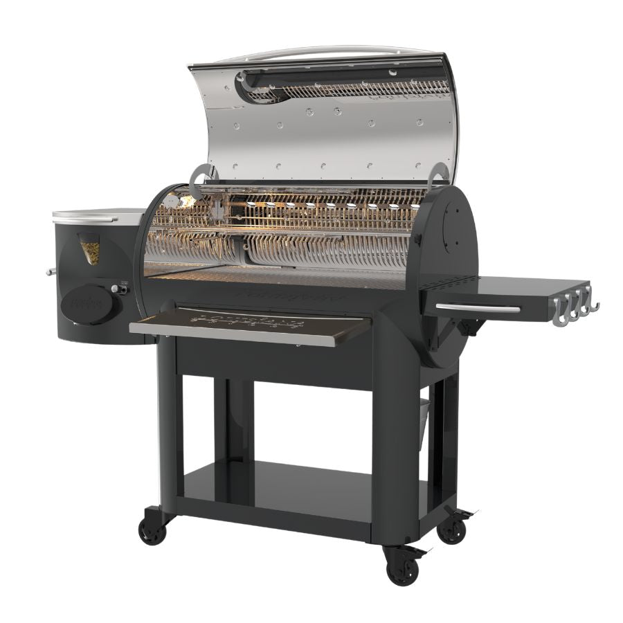 Louisiana Grills Founders Legacy 1200 Pellet Grill with open lid, displaying the large cooking grate and internal cooking space.
