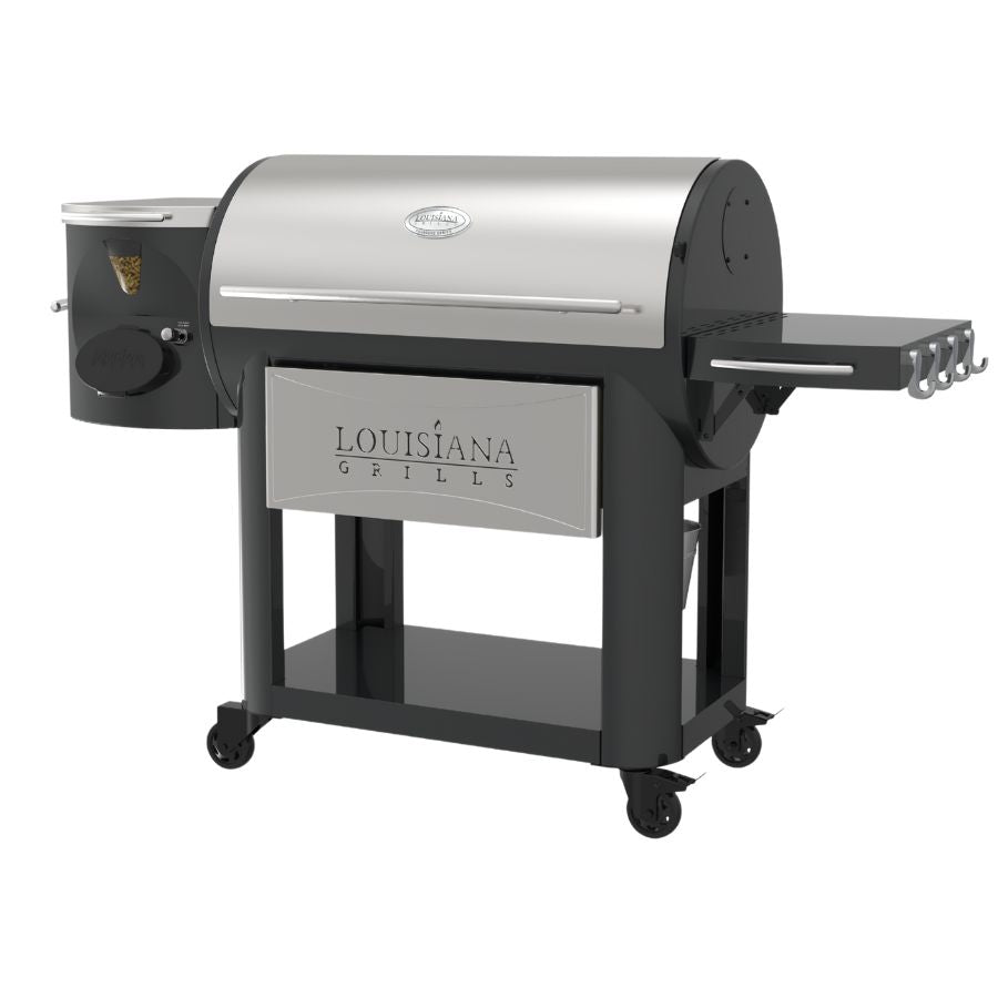 Side view of Louisiana Grills Founders Legacy 1200 Pellet Grill, highlighting its durable construction and side shelf.