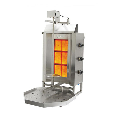 Axis AX-VB3 gas vertical broiler made of stainless steel with three adjustable infrared burners, rotating spit, and drip tray for cooking gyro, shawarma, or al pastor in commercial kitchens.