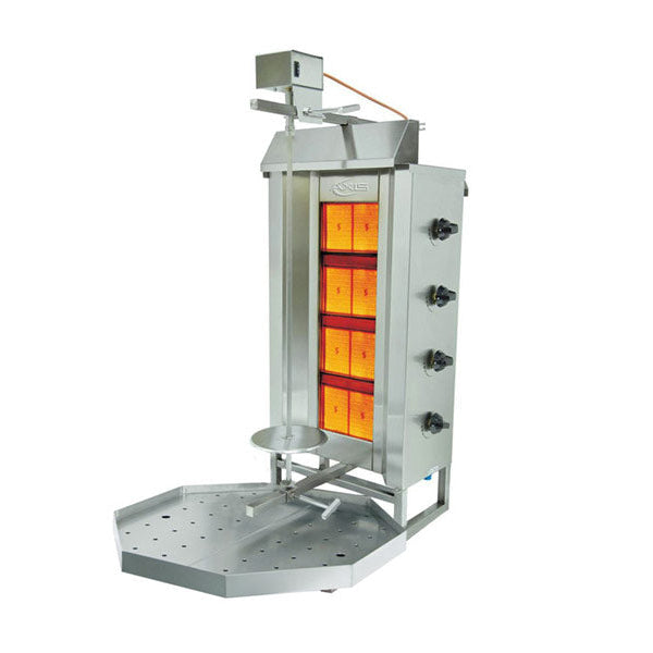 Axis AX-VB4 gas vertical broiler with four adjustable infrared burners, stainless steel body, rotating spit, and drip tray for cooking gyro, shawarma, or al pastor in commercial kitchens.