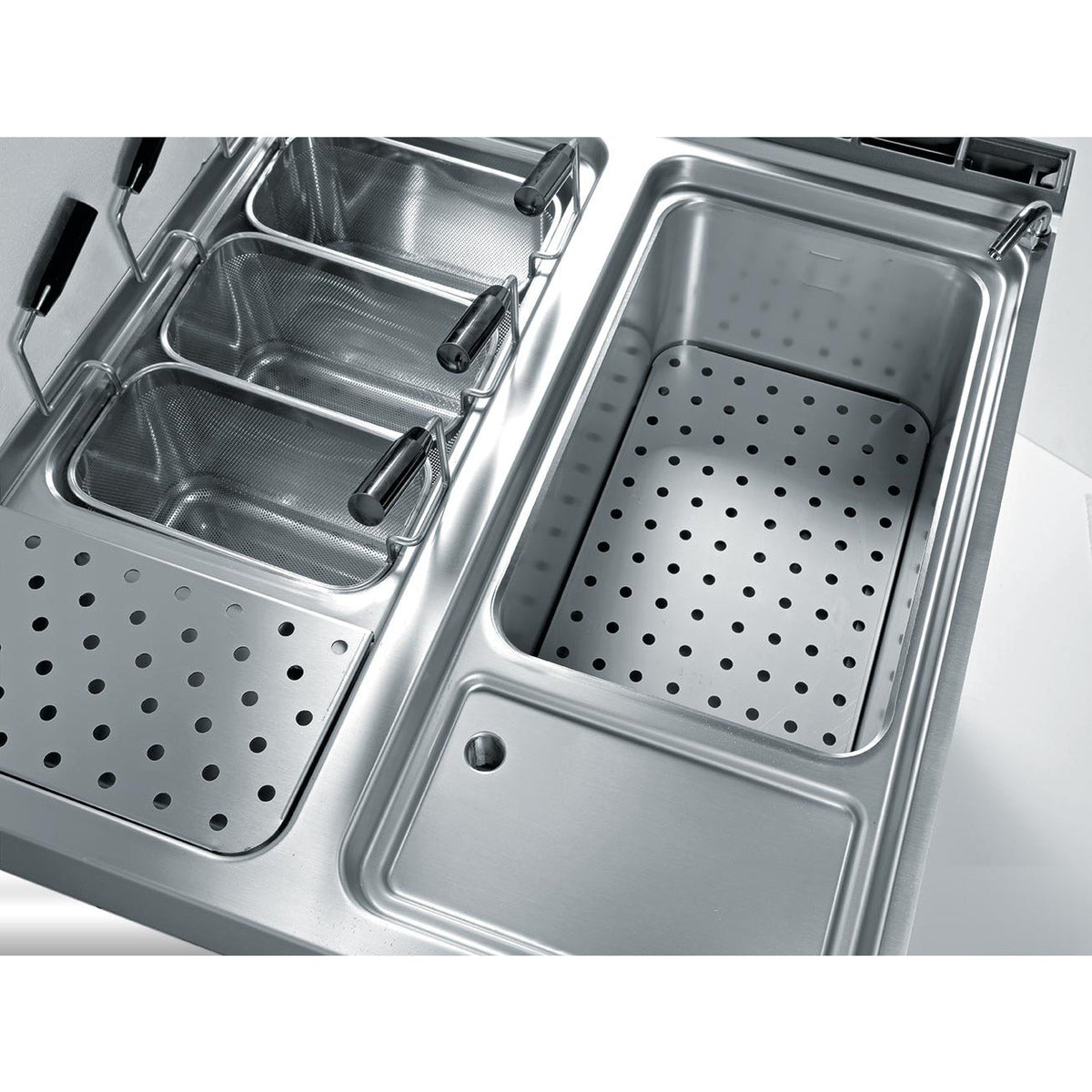 Axis AX-GPC-2 double-tank gas pasta cooker, overhead view of both stainless steel tanks with mesh baskets