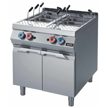 Axis AX-GPC-2 double-tank commercial gas pasta cooker, front-angle view showing stainless steel tanks, mesh baskets, and control knobs on cabinet base