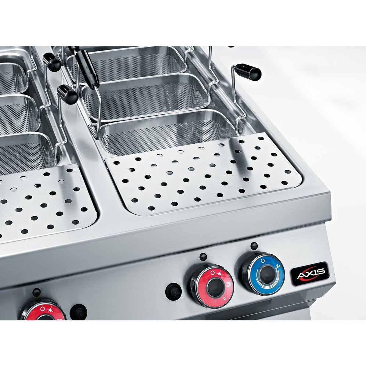 Axis AX-GPC-2 double-tank gas pasta cooker, close-up of tank rims, mesh baskets, and control knobs