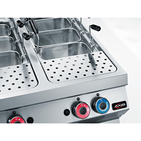 Axis AX-GPC-2 double-tank gas pasta cooker, close-up of tank rims, mesh baskets, and control knobs