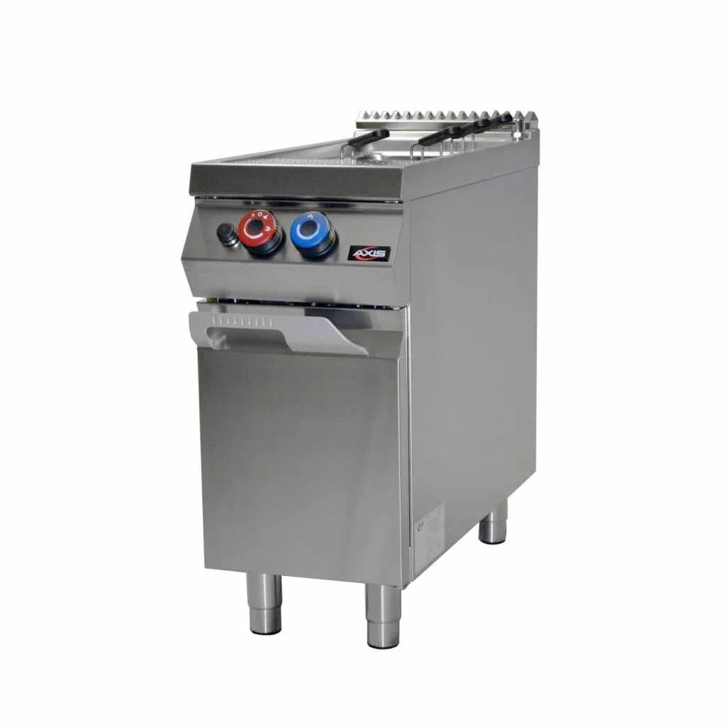 Axis GPC-1 single-tank gas pasta cooker made of stainless steel with manual controls and front drain, designed for commercial kitchens and restaurant use.