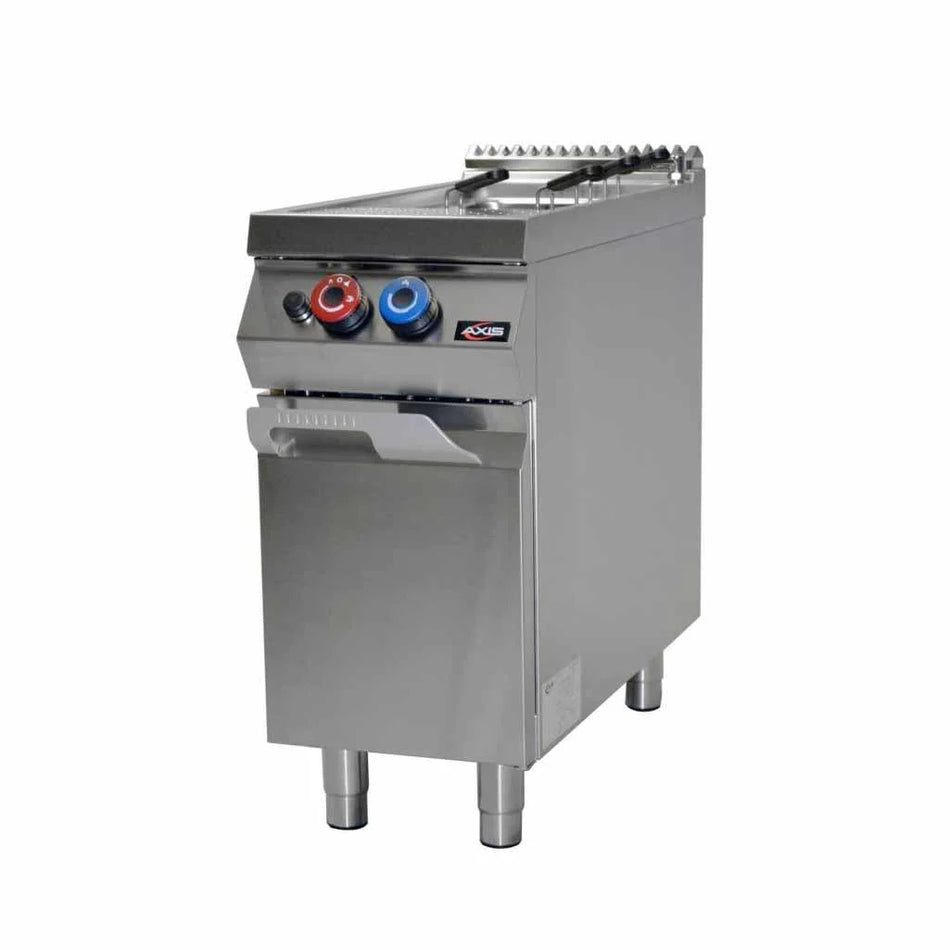 Axis GPC-1 single-tank gas pasta cooker made of stainless steel with manual controls and front drain, designed for commercial kitchens and restaurant use.
