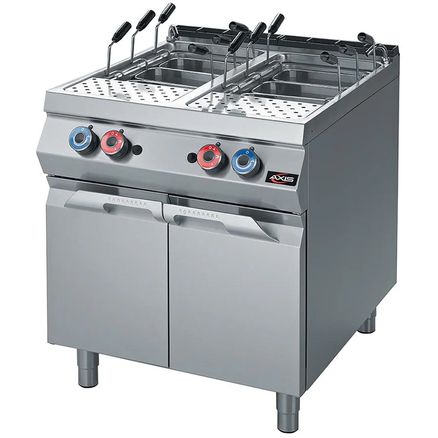 Axis GPC-2 double-tank gas pasta cooker made of stainless steel with six baskets per tank, front control knobs, and cabinet base for commercial kitchen use.