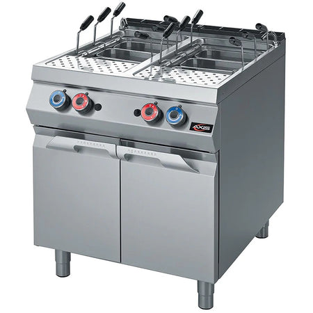 Axis GPC-2 double-tank gas pasta cooker made of stainless steel with six baskets per tank, front control knobs, and cabinet base for commercial kitchen use.