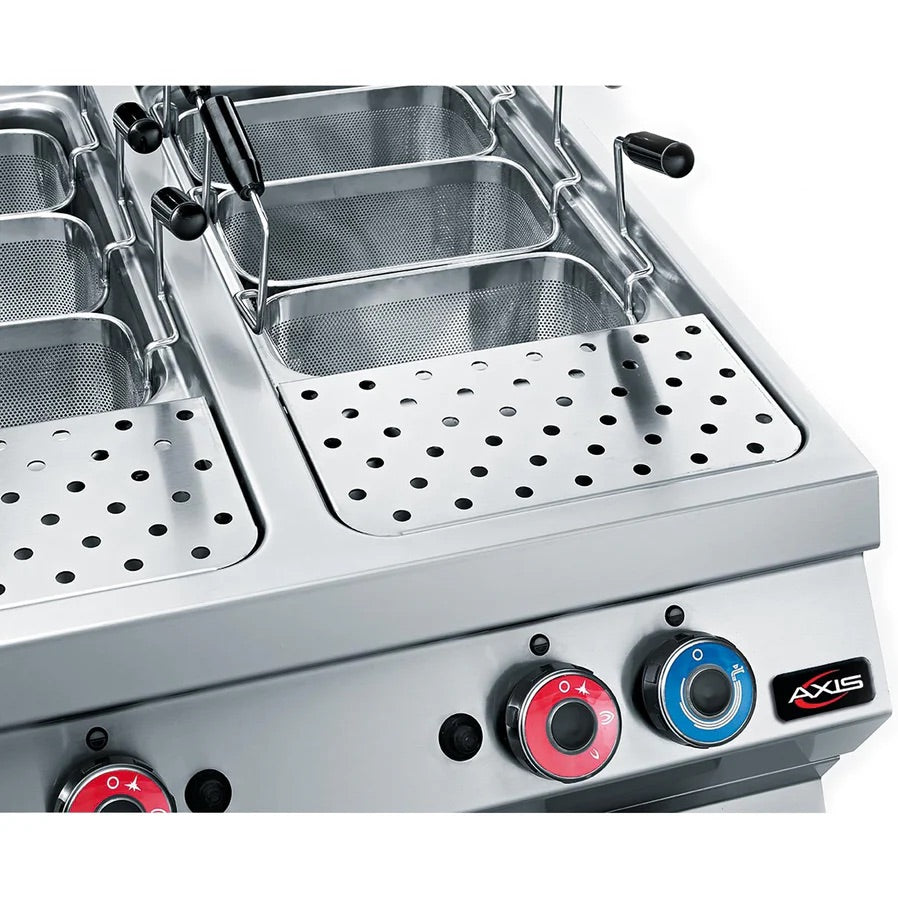 Close-up of Axis GPC-2 gas pasta cooker showing perforated stainless steel top, mesh baskets, and color-coded control knobs for precise burner operation.