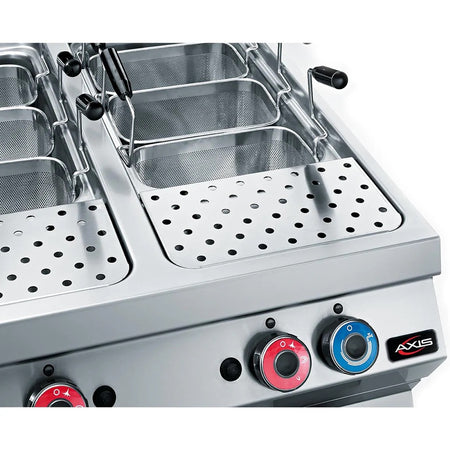 Close-up of Axis GPC-2 gas pasta cooker showing perforated stainless steel top, mesh baskets, and color-coded control knobs for precise burner operation.
