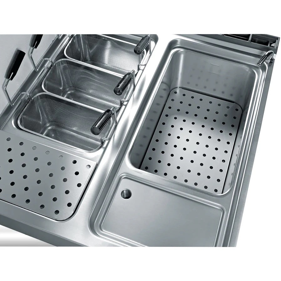 Top view of Axis GPC-2 pasta cooker showing stainless steel tanks, perforated trays, and removable baskets designed for efficient boiling and draining.
