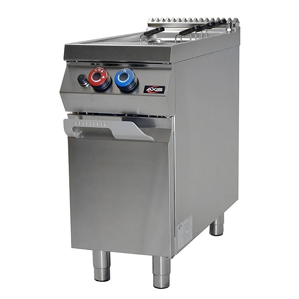 Axis AX-GPC-1 single-tank commercial gas pasta cooker, front-angle view showing stainless steel tank, mesh baskets, and control knobs on cabinet base