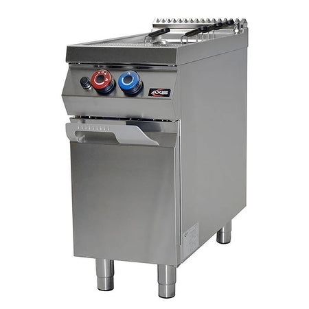 Axis AX-GPC-1 single-tank commercial gas pasta cooker, front-angle view showing stainless steel tank, mesh baskets, and control knobs on cabinet base