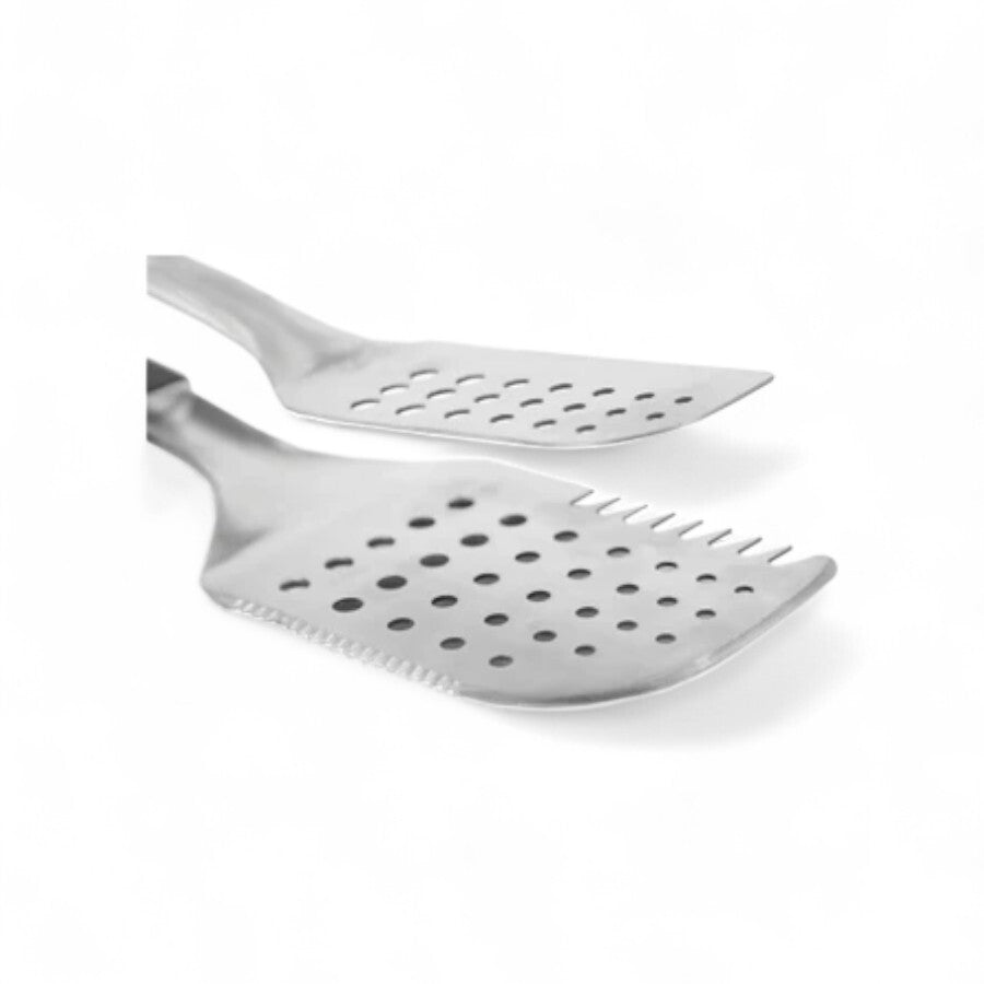Close-up of the Pit Boss All-In-One Tool's head, revealing its perforated design and sharp, serrated edge