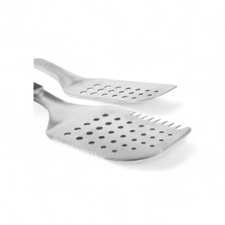 Close-up of the Pit Boss All-In-One Tool's head, revealing its perforated design and sharp, serrated edge