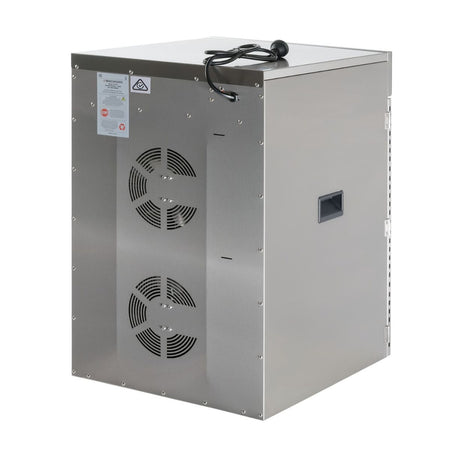 Rear angle view of the BenchFoods 16CUDG 16-tray commercial food dehydrator showing its stainless steel back panel, dual ventilation exhaust fans, certification labels, and heavy-duty power cord.
