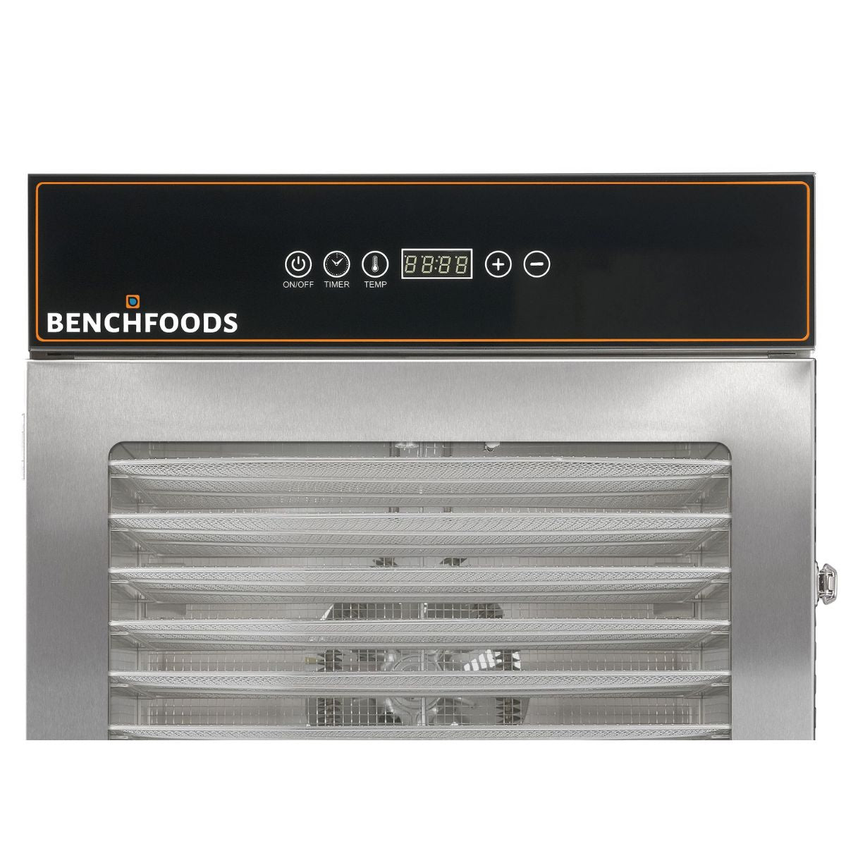 Close-up detail view of the BenchFoods 16CUDG digital control panel housing touch buttons for temperature adjustments, digital timer readout, and power.