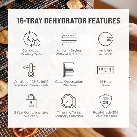 Product features infographic chart for the BenchFoods 16-tray commercial food dehydrator highlighting its completion cooling cycle, uniform drying, ambient air mode, precision thermostats, 99-hour timer, 5-year warranty, and food-grade 304 stainless steel construction.