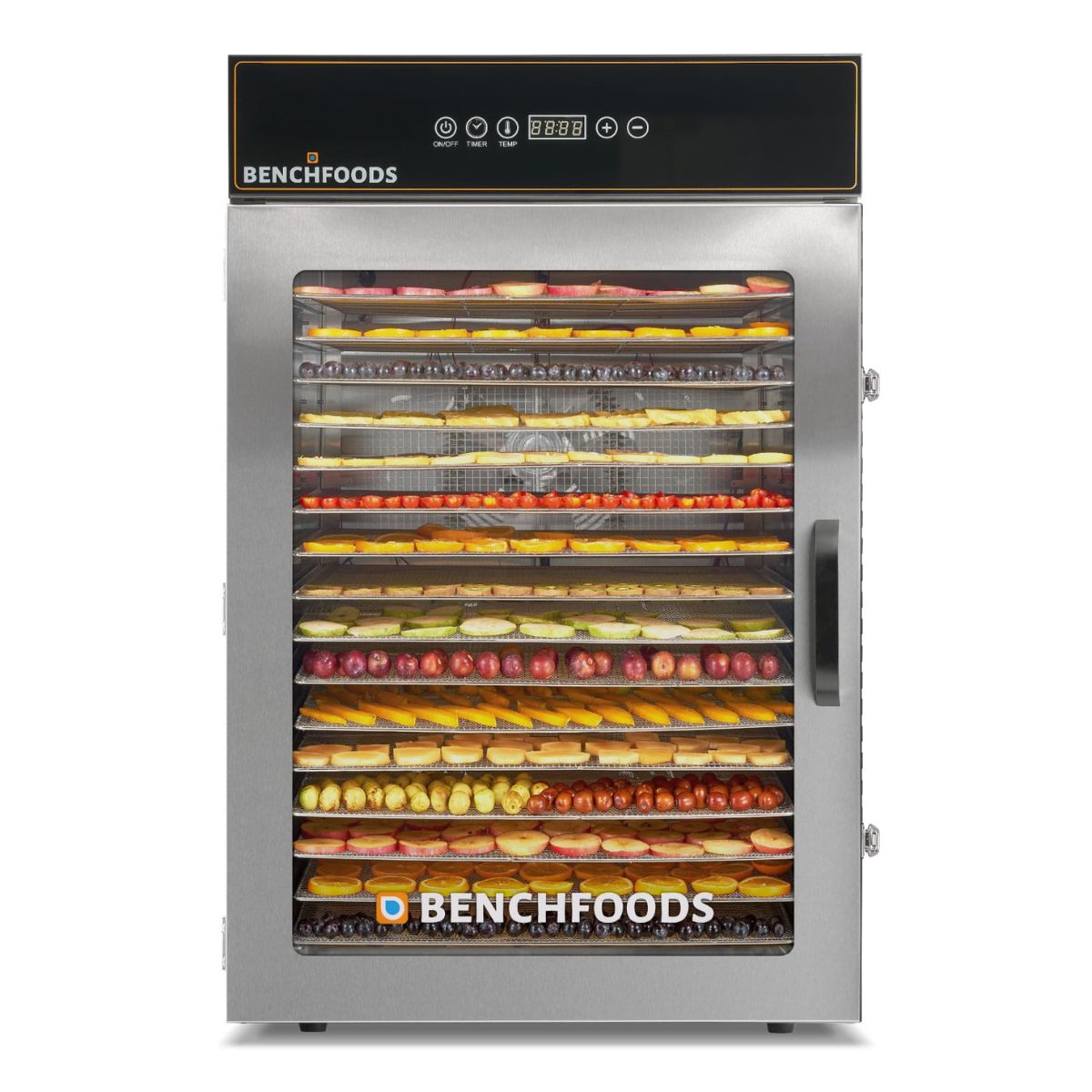 Straight-on front view of a single-zone BenchFoods 16-tray commercial dehydrator filled to capacity with colorful rows of sliced fruits on stainless steel mesh trays.