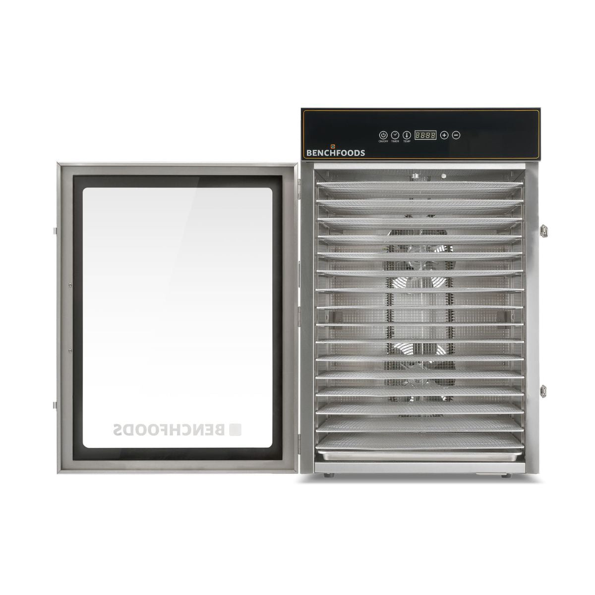 Straight-on perspective of a BenchFoods 16CUDG dehydrator cabinet with an open door, showcasing 16 empty commercial grade stainless steel racks.