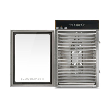 Straight-on perspective of a BenchFoods 16CUDG dehydrator cabinet with an open door, showcasing 16 empty commercial grade stainless steel racks.