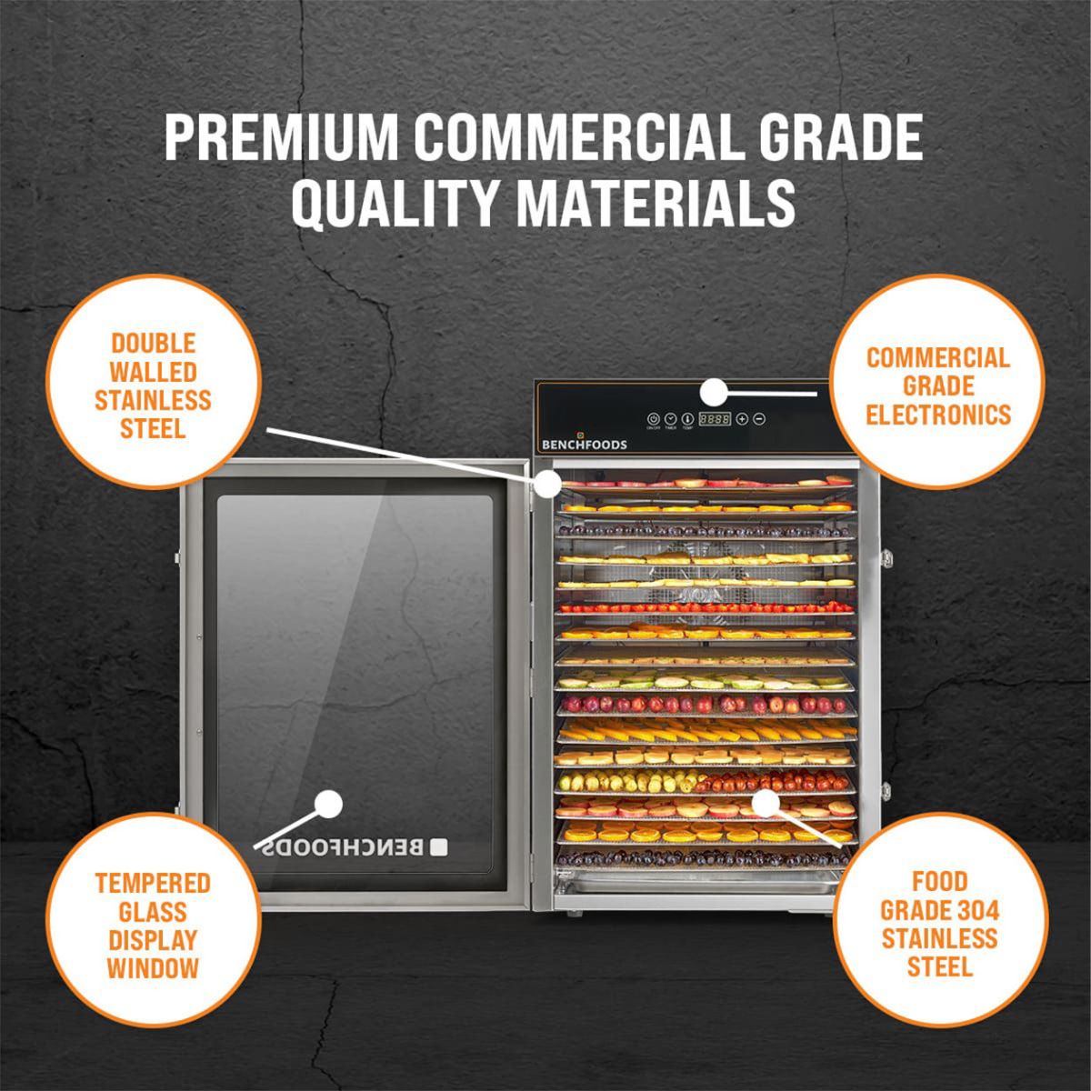 Premium materials graphic diagram for the BenchFoods 16CUDG commercial dehydrator pointing out its double-walled stainless steel chassis, tempered glass display window, commercial-grade electronics, and food-grade 304 stainless steel trays.