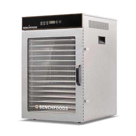 Exterior angle view of the BenchFoods 16CUDG 16-tray commercial dehydrator biltong bundle edition with door closed.