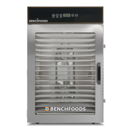 Clean front studio display of the BenchFoods 16CUDG 16-tray commercial dehydrator biltong bundle unit.