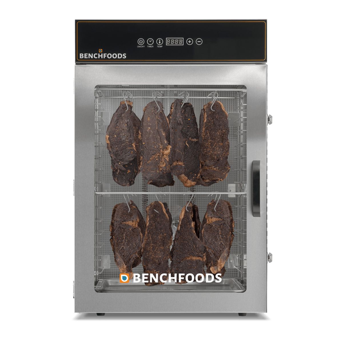BenchFoods 16CUDG 16-tray commercial dehydrator Biltong Bundle shown closed and loaded with hanging strips of curing beef biltong on heavy-duty hooks.