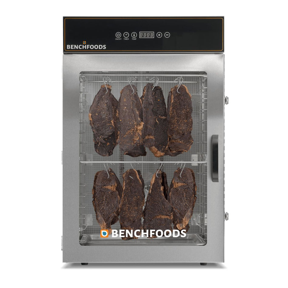 BenchFoods 16CUDG 16-tray commercial dehydrator Biltong Bundle shown closed and loaded with hanging strips of curing beef biltong on heavy-duty hooks.