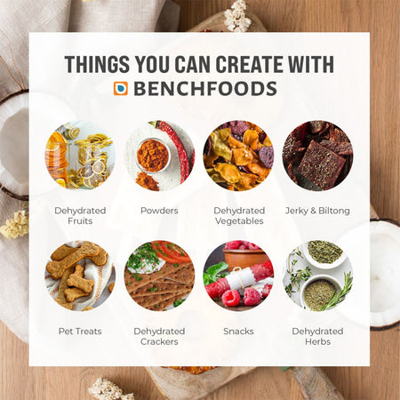 Product versatility chart showcasing culinary options for the BenchFoods biltong bundle highlighting meat snacks, jerky, biltong strips, and pet treats.