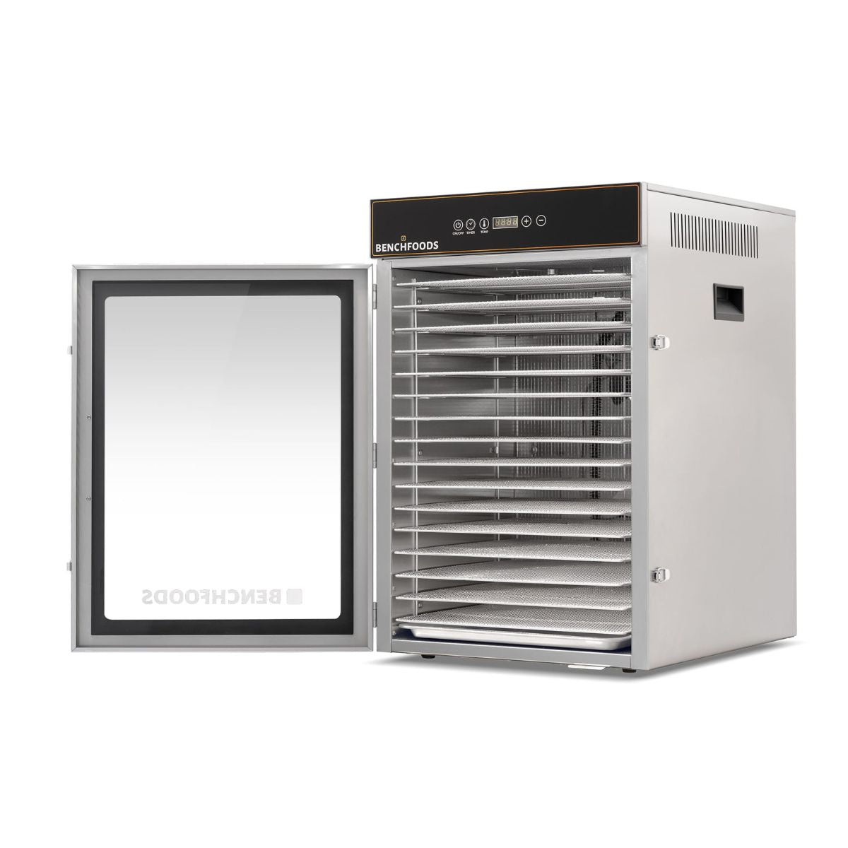 Interior view of BenchFoods 16CUDG biltong bundle commercial dehydrator cabinet with 16 food-grade stainless steel mesh trays.