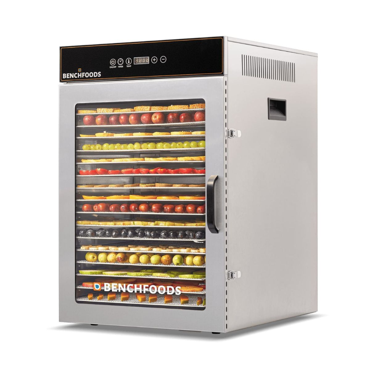 BenchFoods 16CUDG biltong bundle commercial dehydrator showing multi-purpose versatility with fruits and vegetables on stainless steel trays.