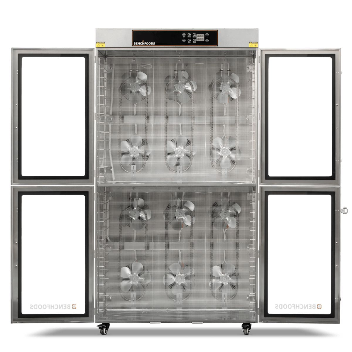 Interior layout of the BenchFoods 28CUDG commercial dehydrator with all doors wide open and trays removed, revealing the 12 rear-mounted high-velocity circulation fans.